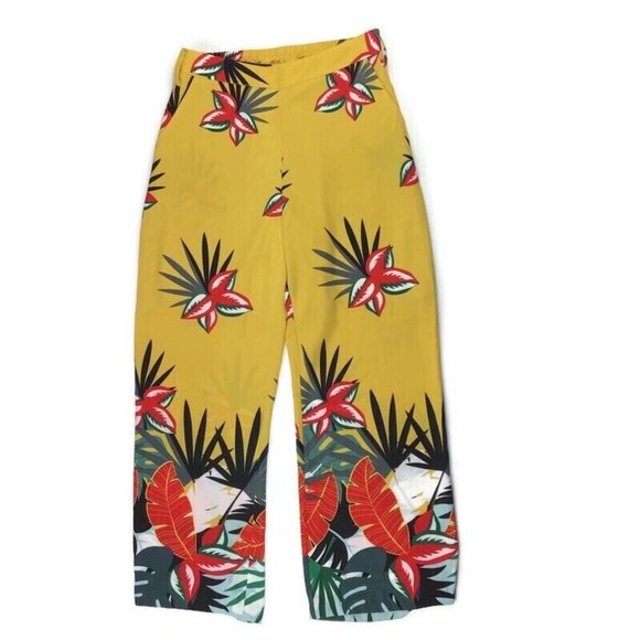 Soft Surroundings Pants - Soft Surroundings Aruba Yellow Palm Tropical Floral Wide Leg Pants Elastic Sz XS